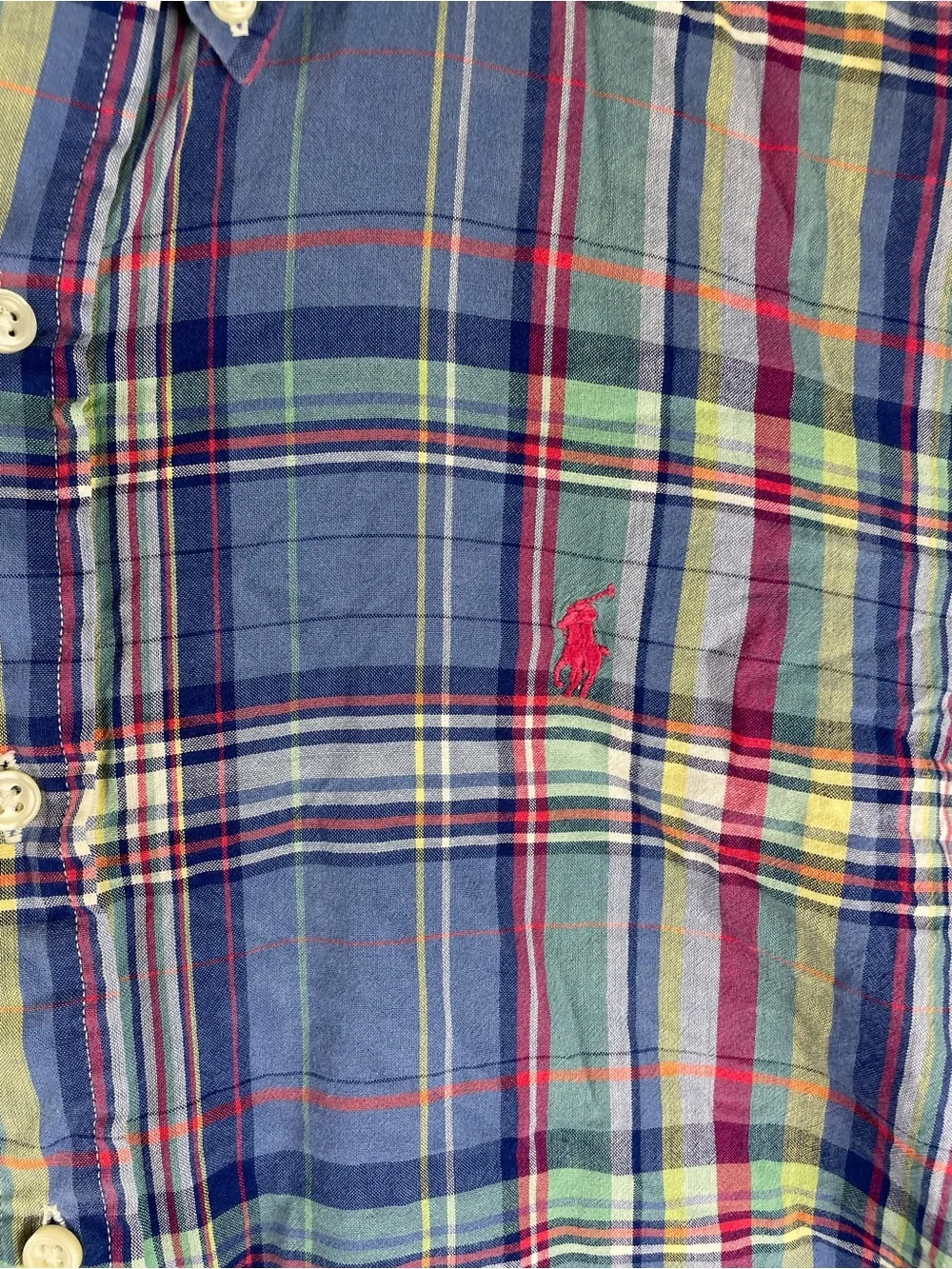 Ralph Lauren Blue Plaid Short-Sleeve Button-Down Shirt with Pink Logo